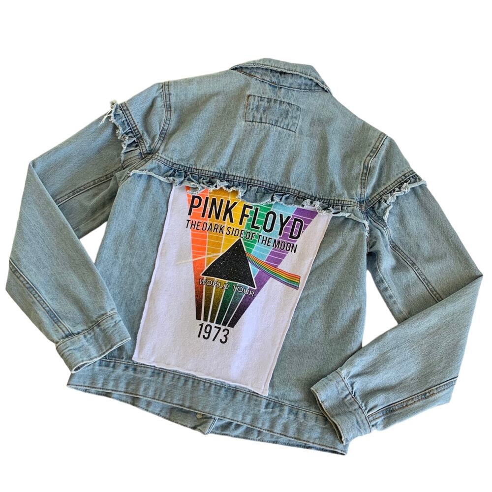 Reworked Apparel Pink Floyd Custom Upcycled Distressed Denim Jacket Womens Small